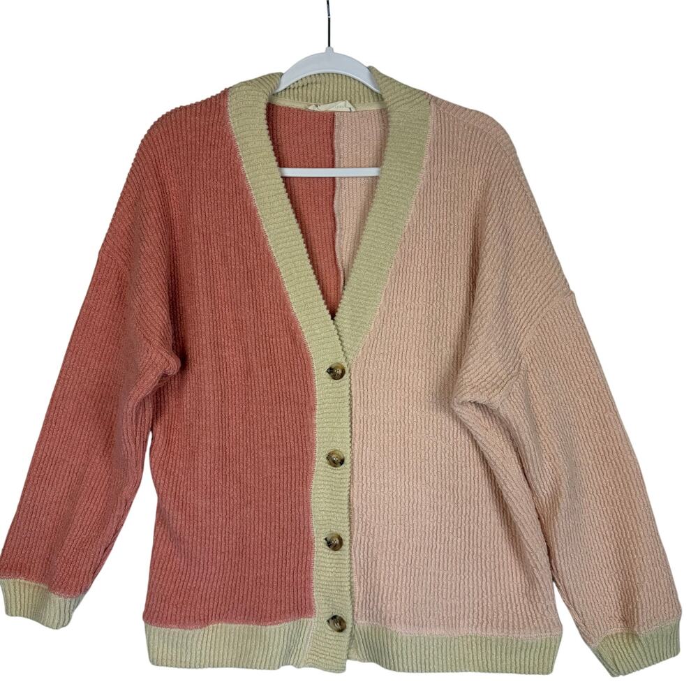 By Together Colorblock Ribbed Knit Cardigan Sweater Womens‎ Size S Pink Sage